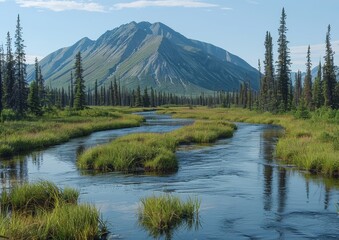 Serene Mountain Landscape with Clear River and Lush Green Vegetation in a Peaceful Wilderness Setting under a Blue Sky