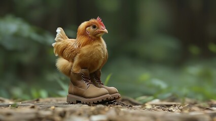 Fototapeta premium Henne mit Stiefel posiert witzig