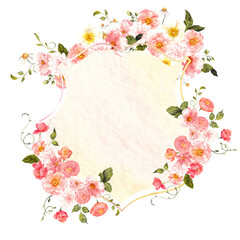 Watercolor hand draw crest frame with berry and delicate flowers, bows and ribbon, isolated on transparent background