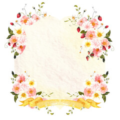 Watercolor hand draw crest frame with berry and delicate flowers, bows and ribbon, isolated on transparent background
