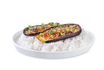 Teriyaki sauce eggplant slices with rice on a white isolated background