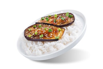Teriyaki sauce eggplant slices with rice on a white isolated background