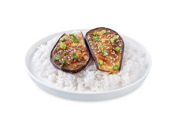 Teriyaki sauce eggplant slices with rice on a white isolated background