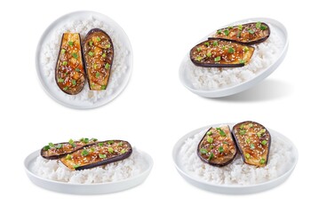 Teriyaki sauce eggplant slices with rice on a white isolated background