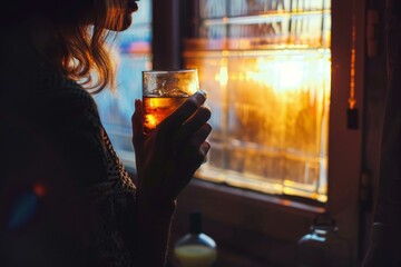 Person enjoying a tranquil moment with a beverage as the sun sets outside the window