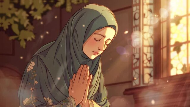 muslim woman praying at mosque, anime style