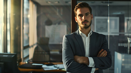 Fototapeta premium Confident Businessman Exuding Leadership in Professional Office Setting