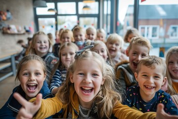 Laughing schoolchildren posing at their classroom