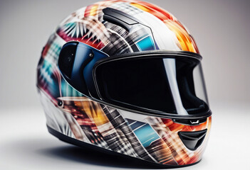 motorcycle helmet with colorful patterns isolated white background, copy space for text
