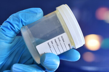 Medical personnel doctor nurse holding urine or semen specimen cup for sample to be tested.