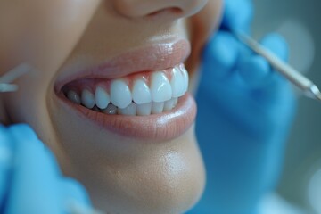 A womans teeth are under examination by a dentist in a closeup shot - Powered by Adobe