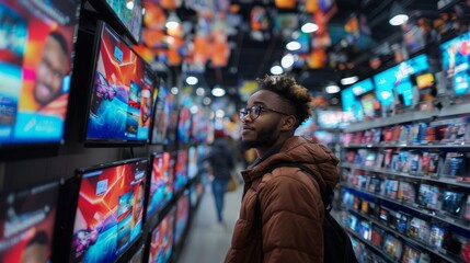 A shopper contemplates a selection of televisions in a brightly-lit electronics store aisle