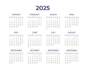 Calendar 2025 template. Week starts from Monday. Planner, stationery, printing. Business calendar in a minimalist style. Vector illustration