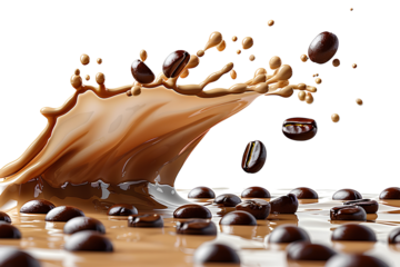 Milk Brown coffee liquid swirl splash and little bubbles with falling coffee Beans isolated on transparent png background, liquid fluid element flowing in form of wave.