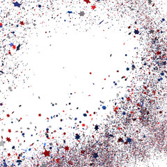 Festive background with confetti in the shape of stars in the color of the American flag.