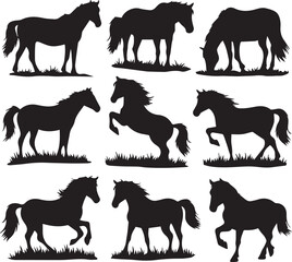 Horse in Field Silhouette Vector Set