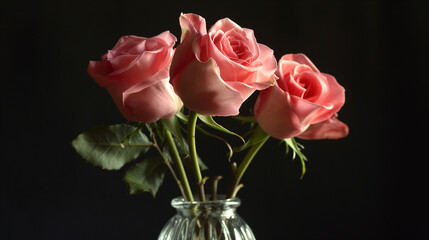 Three Pink Roses in Black Vase