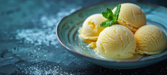 Dessert Ice cream Lemon Sorbet Tang in 3 Michelin star restaurant food photography texture. Ice cream in United States, Italy. Dessert Ice cream Lemon Sorbet Tang Images banner postcard horizontal.