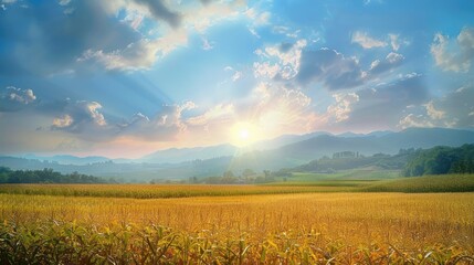 Picturesque scenery combining the sky mountains and cornfield in a peaceful natural setting