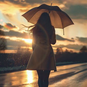 Donna di spalle cammina in strada urbana con ombrello scuro alla luce del tramonto che evidenzia le gocce di pioggia in un arcobaleno