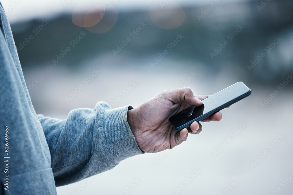 Poster Outdoor, hand and person with smartphone to scroll, chat and browse online with internet. Bokeh, technology and connection with mobile phone for social media, networking and text message to contact