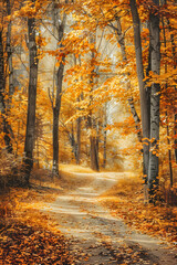 Autumn Pathway Through a Vibrant Forest with Sunlit Foliage and Fallen Leaves