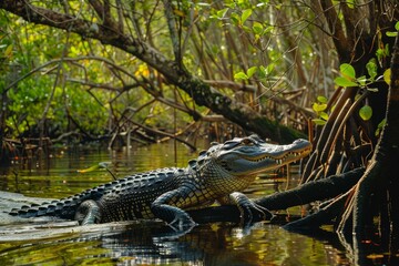 Striking image showing a young alligator basking on a wetland bank among mangrove roots