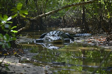 Imposing alligator lies still amidst the serene mangrove swamp, perfectly camouflaged and ready