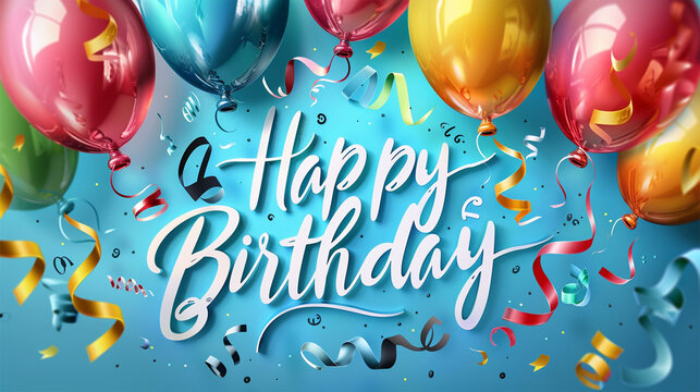 Bunch of bright balloons and text against color background happy birthday horizontal illustration. 3d realistic air balloons with confetti