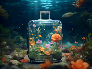 Enchanted, crystal-clear rolling suitcase becomes an aquarium with a variety of flowers and plants underwater, abstract ocean underwater shot, summer vacation travel design, background, wallpaper