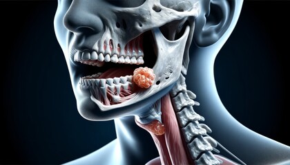 3D Medical Illustration of Oral Cancer. Detailed 3D medical illustration depicting oral cancer with tumors in the mouth and throat region