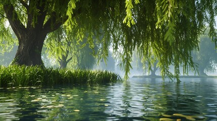Landscape view of a riverbank with willow trees leaning over the water - Powered by Adobe