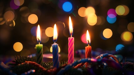 Birthday candles with colorful lights on dark background