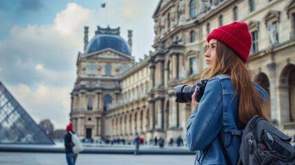 Fototapeta premium Tourist exploring near Louvre museum in Paris