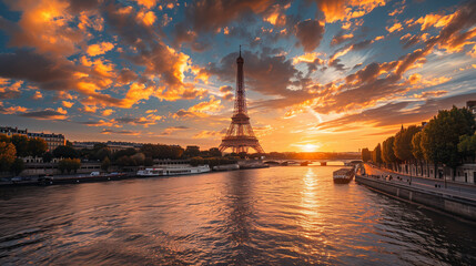 Naklejka premium Eiffel Tower and Seine River at Sunset in Paris, France
