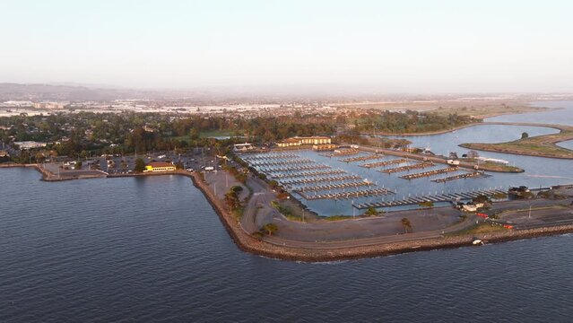 Aerial sunset view San Francisco San Leandro marina