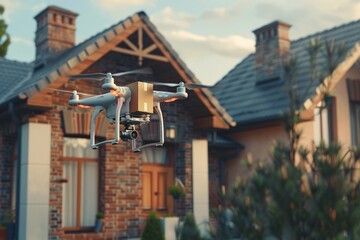 A drone is delivering a package in front of a contemporary residence during sunset