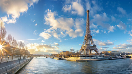 Fototapeta premium Paris Sunny Day Panoramic View: Eiffel Tower & Seine River Landscape