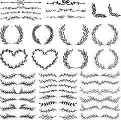 Obraz premium Set of hand drawn leaves, branches, flowers, flourishes. Design element for banner, sign, poster, decoration. Vector illustration