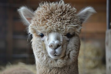 Fototapeta premium Highresolution, closeup photograph of a charming alpaca with fluffy fleece