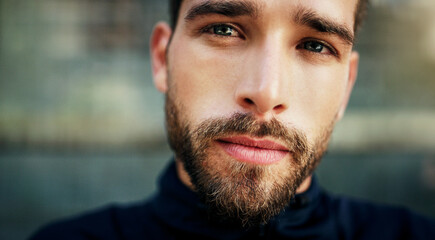 Man, beard and portrait with sunlight for good feeling, masculine and handsome outdoors. Male...
