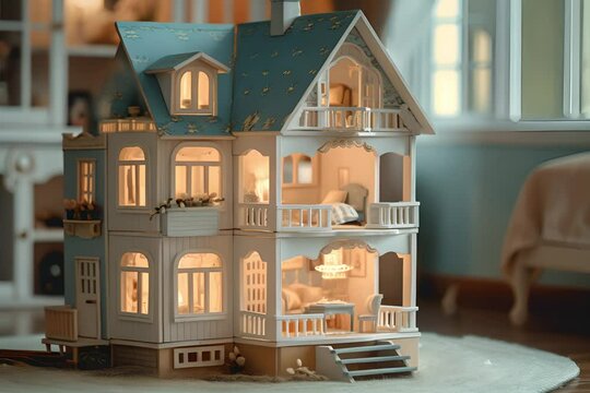 A miniature dollhouse with three floors, white walls and blue roof, a chandelier hanging from the ceiling, . high quality