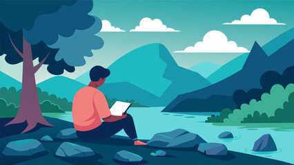 A lone individual perched on a large rock near a babbling brook surrounded by nature and fully absorbed in the words of their Bible.. Vector illustration