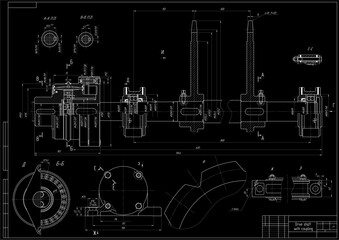 Naklejka premium Assembly drawing of drive shaft with coupling. Vector cad scheme of steel mechanical device with shaft, gear, electric engine, bearing, bolted connection and dimension lines. Engineering background.