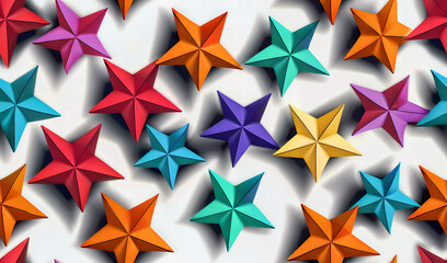 Colorful 3D star seamless pattern with vibrant geometric shapes, Ideal for backgrounds, holiday themes or festive designs. Generative ai