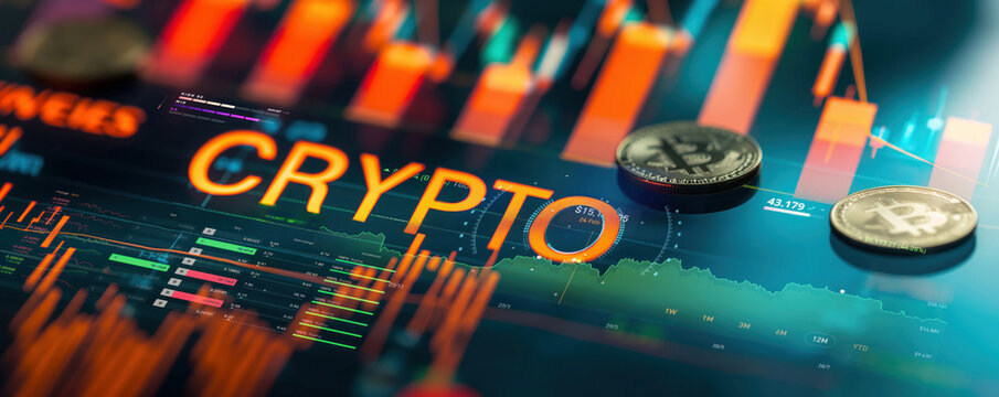 bull market financial freedom by investing in bitcoin or crypto currencies concept with charts and analysis as wide banner design with copyspace area