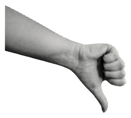 hand with thumb down dislike gesture not ok symbol isolated retro halftone grunge dotted collage element © Oleksandr Yashchuk