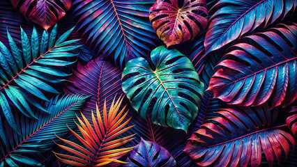 Vibrant neon-colored tropical leaves on a black background, creating a striking, colorful and vibrant visual effect. Generative ai