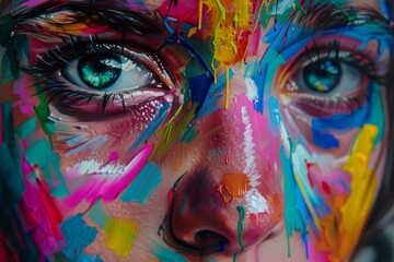 Macro shot of a person with vibrant, multicolored paint dripping on their face