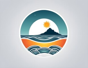 Colorful Sunset Over Ocean Waves With Bright Rays of Sunshine in Circular Design Logotype Logo